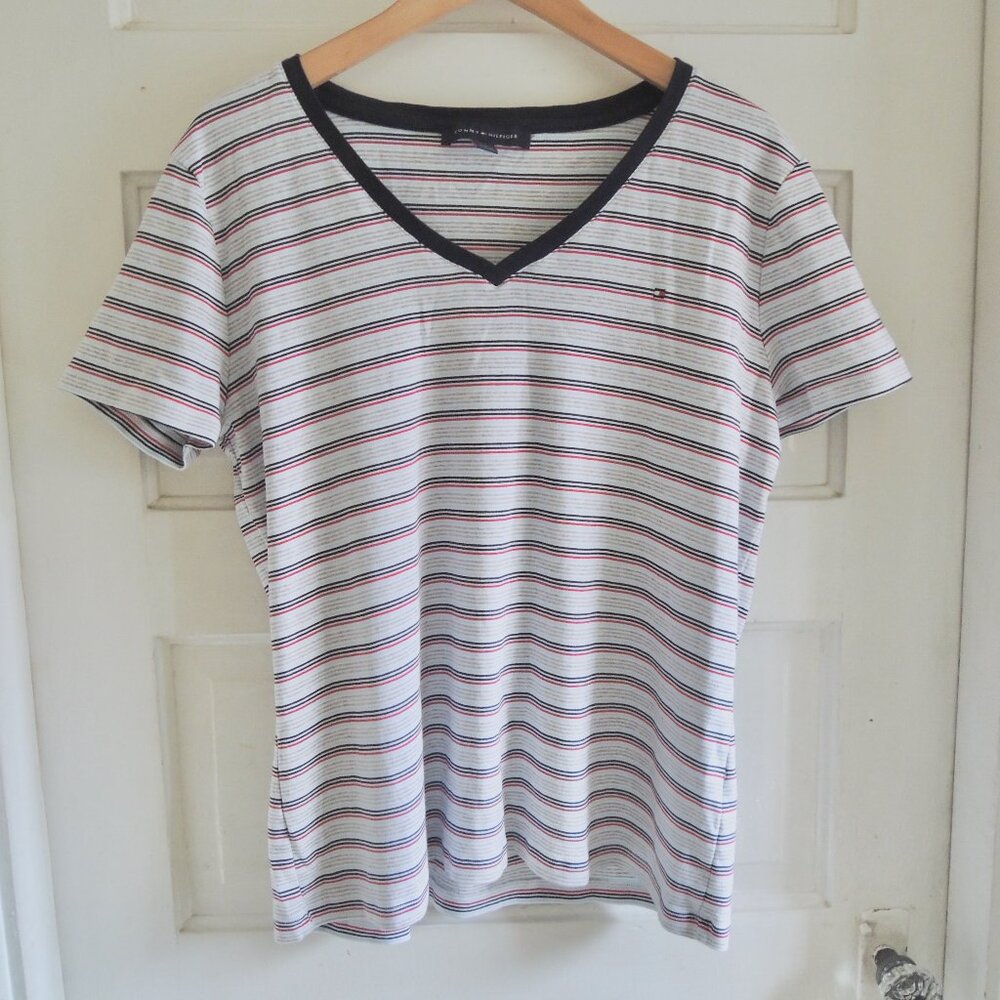 Tommy Hilfiger Blue & Gray Striped V Neck Preppy Tee XXL